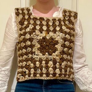 Brown and Cream Crochet Wool Granny Square Vest